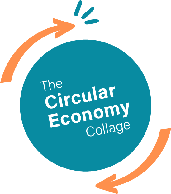 Blauer Kreis mit 2 orangen Pfeilen "The Circular Economy Collage"